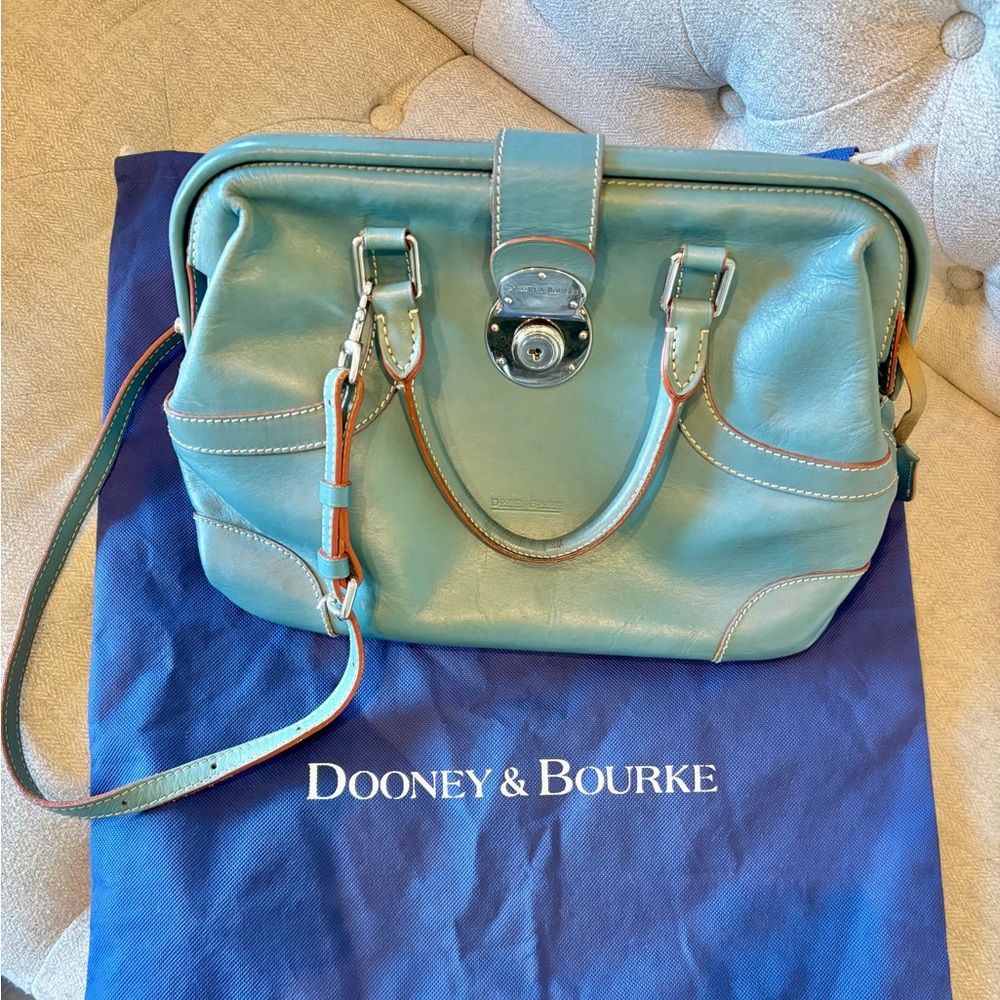 Dooney & Bourke Vintage Italian Leather Satchel in Caribbean Blue & White Trim